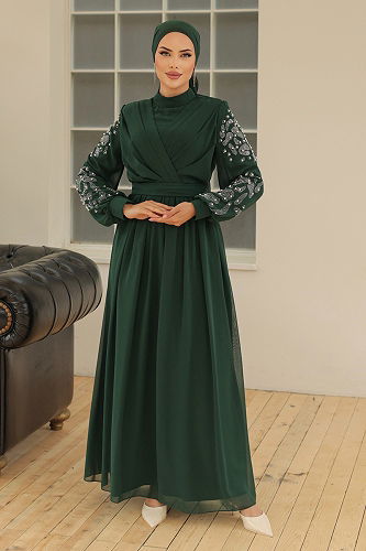moda selvim Chiffon Evening Dresses with Embroidered Sleeves LPN4192-M Emerald - Thumbnail