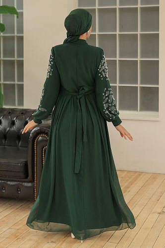 moda selvim Chiffon Evening Dresses with Embroidered Sleeves LPN4192-M Emerald - Thumbnail