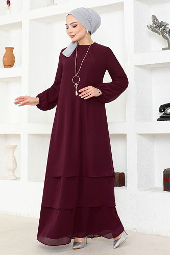 moda selvim Chiffon Hijab Dress ASM2698-M Burgundy - Thumbnail