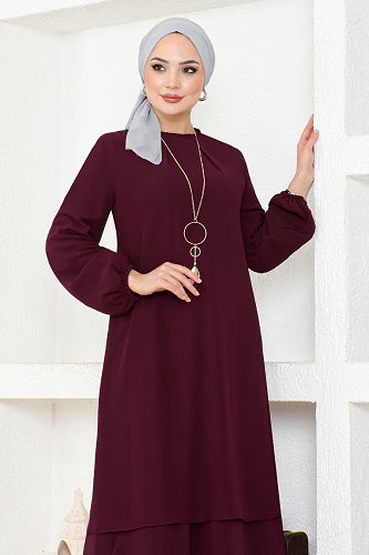 moda selvim Chiffon Hijab Dress ASM2698-M Burgundy - Thumbnail