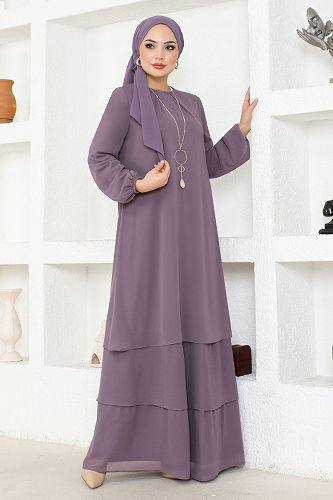 moda selvim Chiffon Hijab Dress ASM2698-M Lilac - Thumbnail