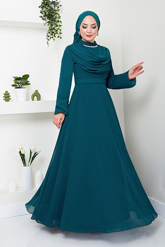moda selvim Chiffon Hijab Evening Dresses LPN2010-M Petrol - Thumbnail