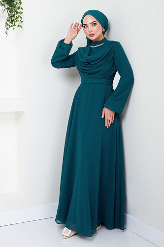 moda selvim Chiffon Hijab Evening Dresses LPN2010-M Petrol - Thumbnail