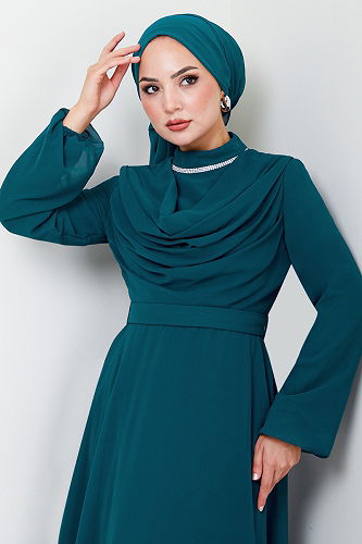 moda selvim Chiffon Hijab Evening Dresses LPN2010-M Petrol - Thumbnail