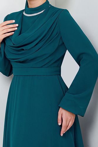 moda selvim Chiffon Hijab Evening Dresses LPN2010-M Petrol - Thumbnail