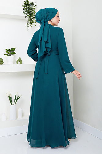 moda selvim Chiffon Hijab Evening Dresses LPN2010-M Petrol - Thumbnail