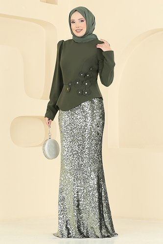 moda selvim Çiçek Aksesuar Detaylı Abiye 5469DMNK1166 Haki - Thumbnail