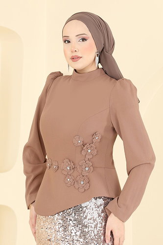 moda selvim Çiçek Aksesuar Detaylı Abiye 5469DMNK1166 Vizyon - Thumbnail