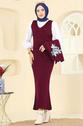 moda selvim Çiçek Aksesuarlı 2 li Takım 9002OZN1046 Bordo - Thumbnail