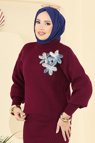 moda selvim Çiçek Aksesuarlı 2 li Takım 9002OZN1046 Bordo - Thumbnail