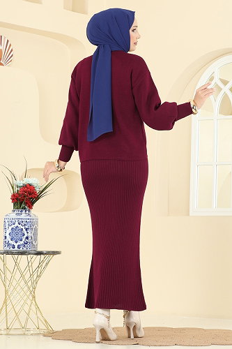 moda selvim Çiçek Aksesuarlı 2 li Takım 9002OZN1046 Bordo - Thumbnail