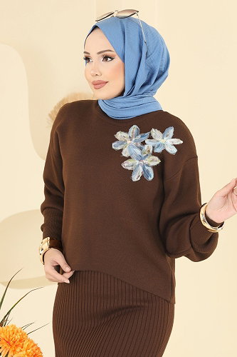 moda selvim Çiçek Aksesuarlı 2 li Takım 9002OZN1046 Kahve - Thumbnail