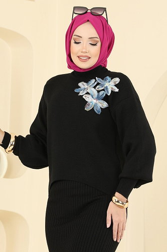 moda selvim Çiçek Aksesuarlı 2 li Takım 9002OZN1046 Siyah - Thumbnail
