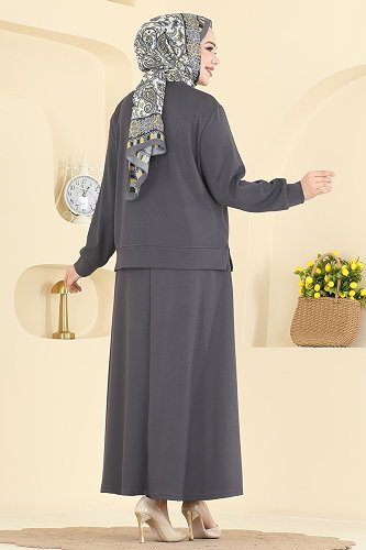 moda selvim Çiçek Aksesuarlı Etekli Takım 2601TPK1167 Antrasit - Thumbnail