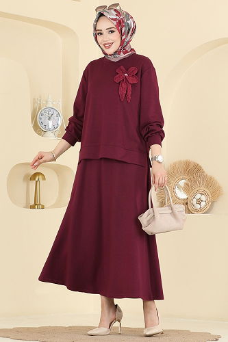 moda selvim Çiçek Aksesuarlı Etekli Takım 2601TPK1167 Bordo - Thumbnail