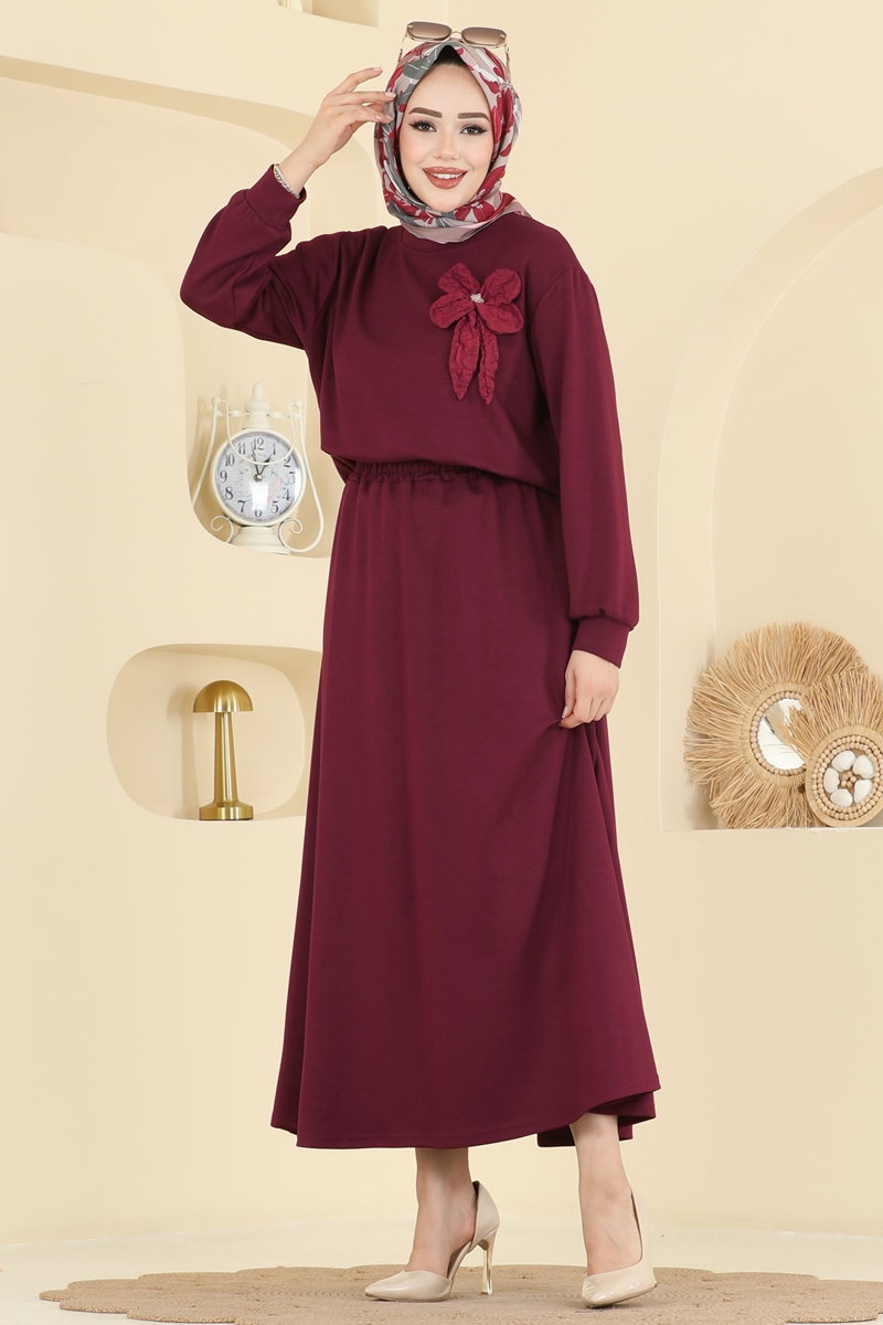 Çiçek Aksesuarlı Etekli Takım 2601TPK1167 Bordo