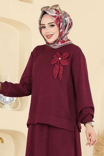 moda selvim Çiçek Aksesuarlı Etekli Takım 2601TPK1167 Bordo - Thumbnail