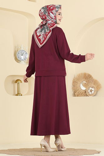 moda selvim Çiçek Aksesuarlı Etekli Takım 2601TPK1167 Bordo - Thumbnail