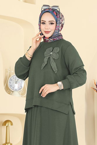 moda selvim Çiçek Aksesuarlı Etekli Takım 2601TPK1167 Haki - Thumbnail