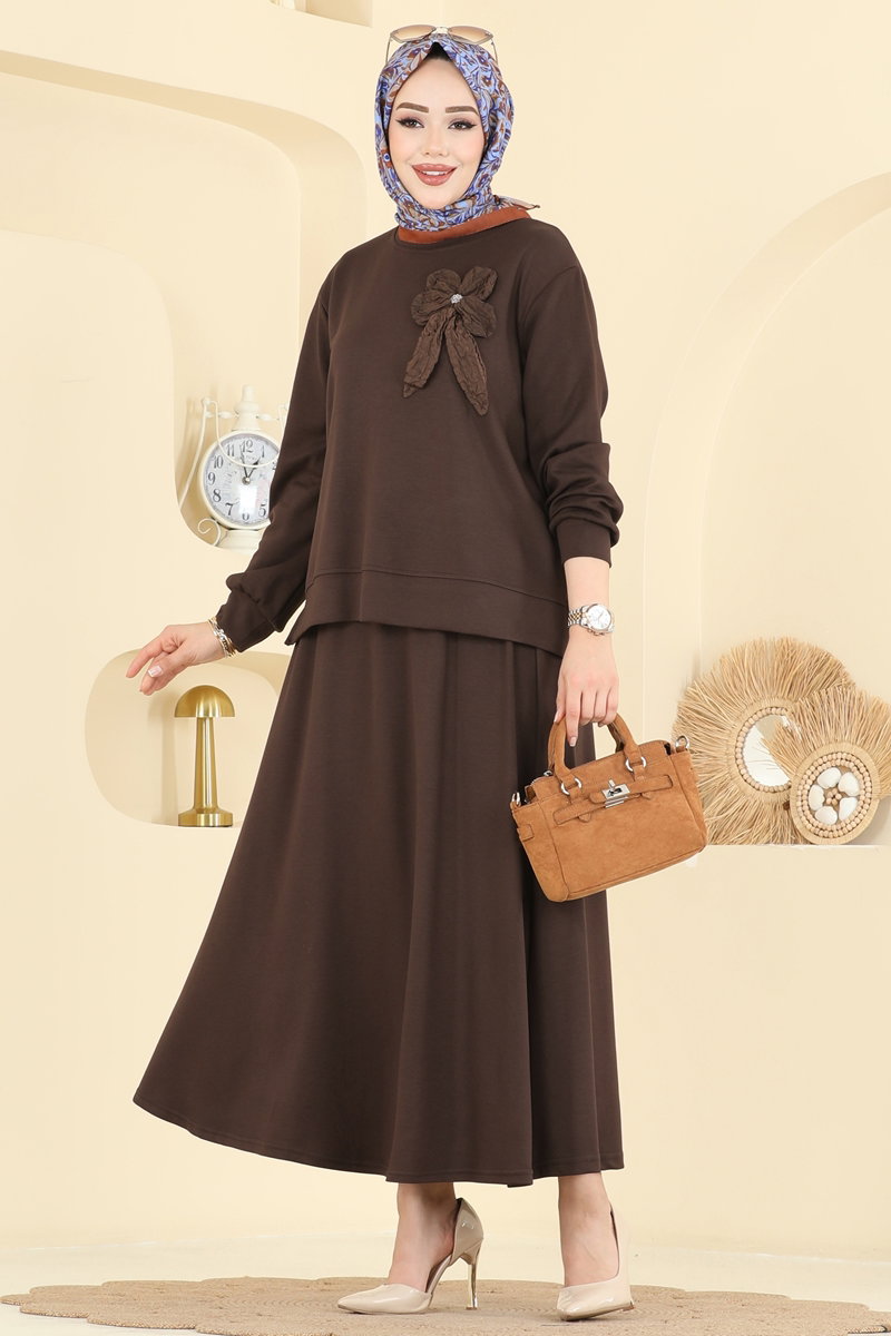 Çiçek Aksesuarlı Etekli Takım 2601TPK1167 Kahve