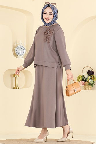 moda selvim Çiçek Aksesuarlı Etekli Takım 2601TPK1167 Koyu Vizyon - Thumbnail