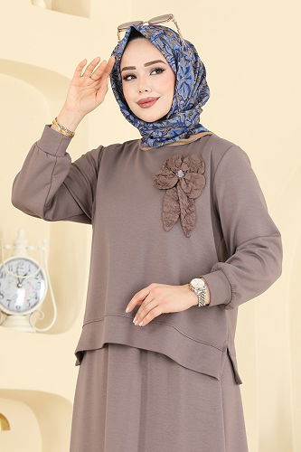 moda selvim Çiçek Aksesuarlı Etekli Takım 2601TPK1167 Koyu Vizyon - Thumbnail