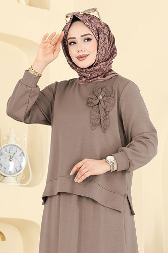 moda selvim Çiçek Aksesuarlı Etekli Takım 2601TPK1167 Koyu Vizyon - Thumbnail