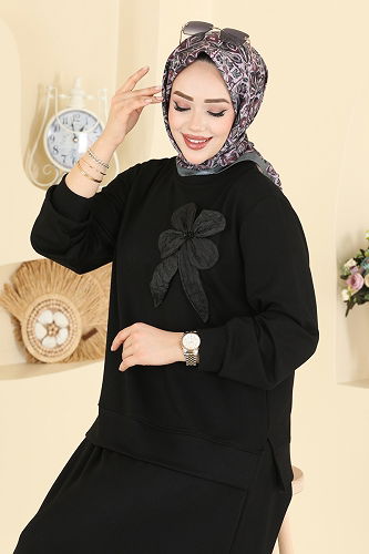 moda selvim Çiçek Aksesuarlı Etekli Takım 2601TPK1167 Siyah - Thumbnail
