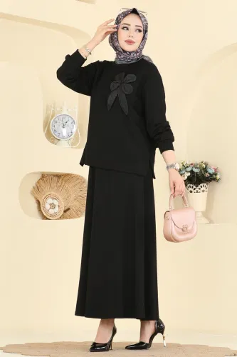 T.P.K. - Çiçek Aksesuarlı Etekli Takım 2601TPK1167 Siyah