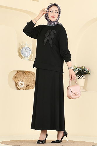 moda selvim Çiçek Aksesuarlı Etekli Takım 2601TPK1167 Siyah - Thumbnail