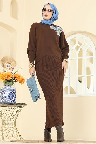 moda selvim Çiçek Aksesuarlı İkili Takım 9002OZN1046 Kahve - Thumbnail