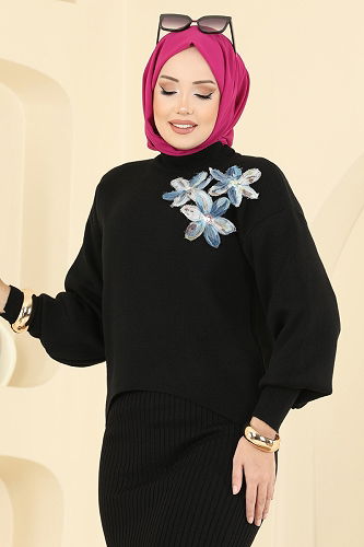 moda selvim Çiçek Aksesuarlı İkili Takım 9002OZN1046 Siyah - Thumbnail