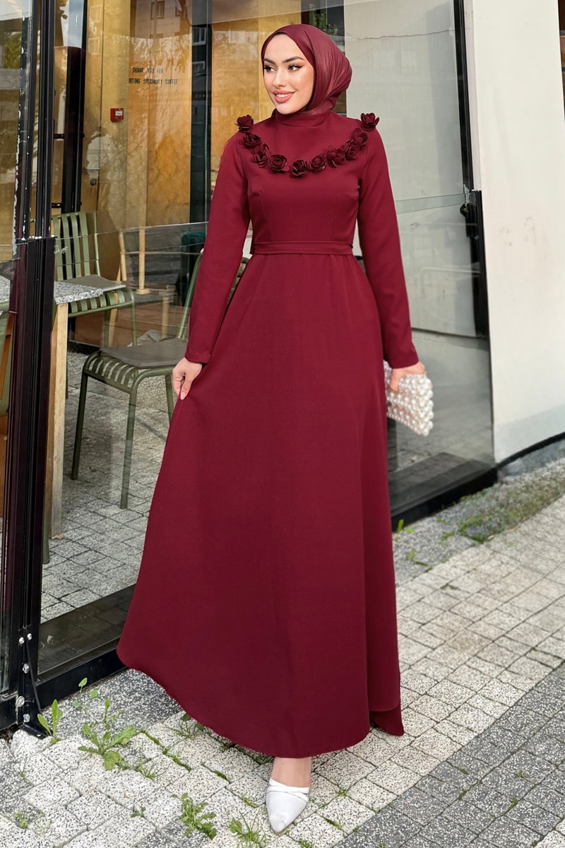 Çiçek Aksesuarlı Şık Elbise 4685ALGK1170 Bordo