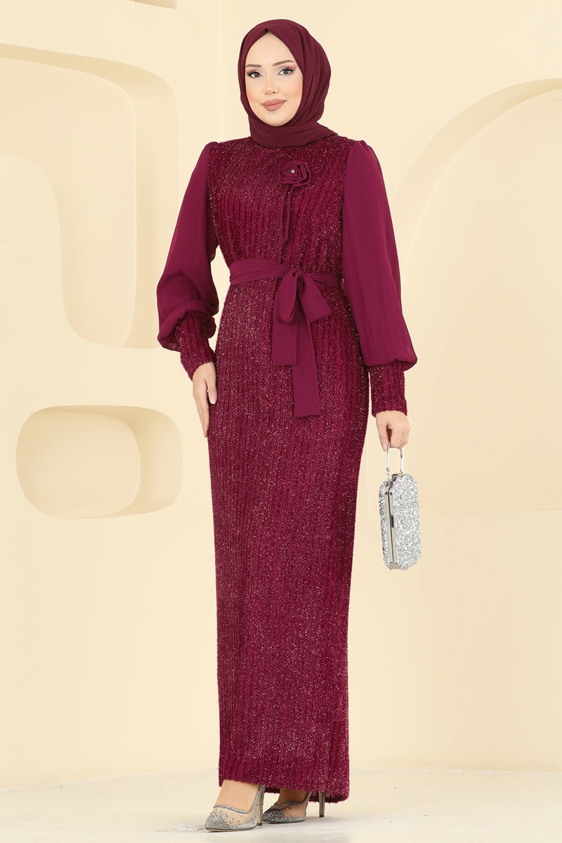 Çiçek Aksesuarlı Simli Abiye 2841ELCK1161 Bordo
