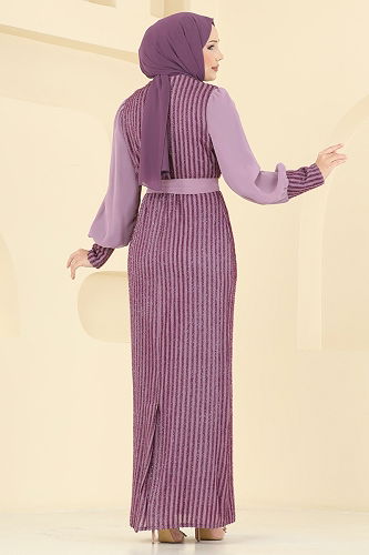 moda selvim Çiçek Aksesuarlı Simli Abiye 2841ELCK1161 Lila - Thumbnail