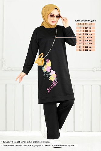 moda selvim Çiçek Baskılı Tesettür Takım 5093UZ1029-M Siyah - Thumbnail