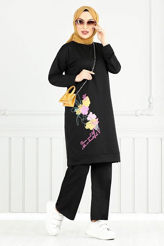 moda selvim Çiçek Baskılı Tesettür Takım 5093UZ1029-M Siyah - Thumbnail