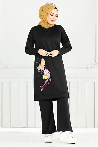 moda selvim Çiçek Baskılı Tesettür Takım 5093UZ1029-M Siyah - Thumbnail