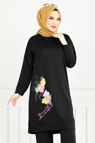 moda selvim Çiçek Baskılı Tesettür Takım 5093UZ1029-M Siyah - Thumbnail
