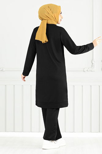 moda selvim Çiçek Baskılı Tesettür Takım 5093UZ1029-M Siyah - Thumbnail