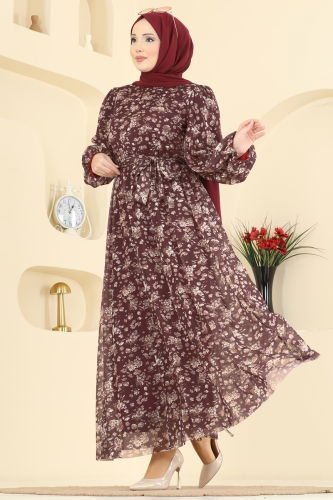 E.D.F. - Çiçek Baskılı Tül Elbise 5750EDF311 Bordo