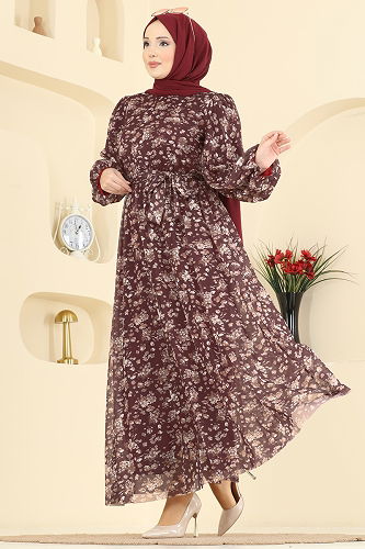 moda selvim Çiçek Baskılı Tül Elbise 5750EDF311 Bordo - Thumbnail