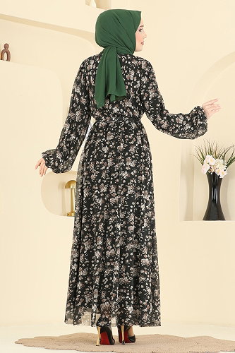 moda selvim Çiçek Baskılı Tül Elbise 5750EDF311 Siyah - Thumbnail