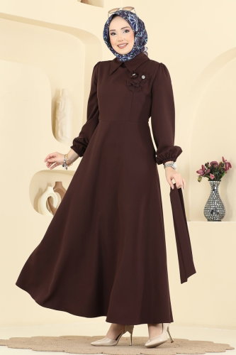 S.L.K. - Çiçek Broş Detaylı Elbise 2863SLK540 Koyu Mürdüm