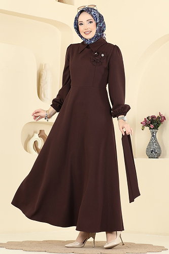 moda selvim Çiçek Broş Detaylı Elbise 2863SLK540 Koyu Mürdüm - Thumbnail