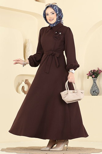 moda selvim Çiçek Broş Detaylı Elbise 2863SLK540 Koyu Mürdüm - Thumbnail