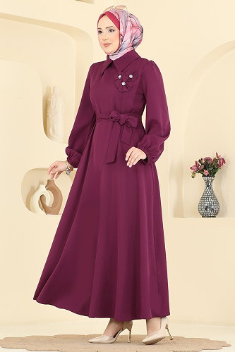 moda selvim Çiçek Broş Detaylı Elbise 2863SLK540 Mürdüm - Thumbnail