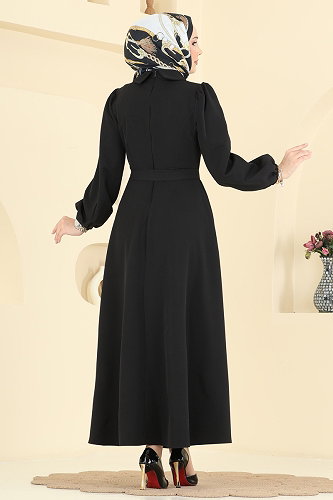 moda selvim Çiçek Broş Detaylı Elbise 2863SLK540 Siyah - Thumbnail