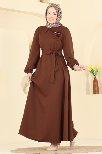 moda selvim Çiçek Broş Detaylı Elbise 2863SLK540 Taba - Thumbnail