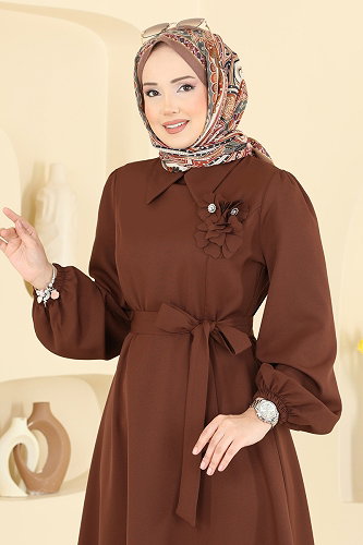 moda selvim Çiçek Broş Detaylı Elbise 2863SLK540 Taba - Thumbnail